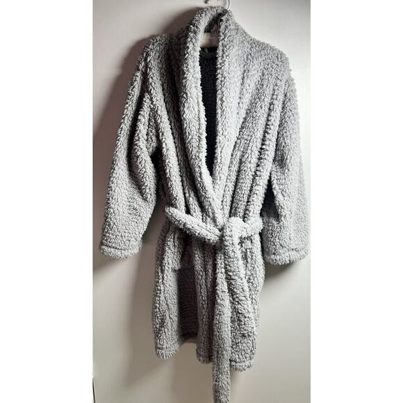 Pottery Barn Unisex Medium Adult Cozy Comfort Robe Belted Sherpa Fleece Gray - Picture 1 of 8